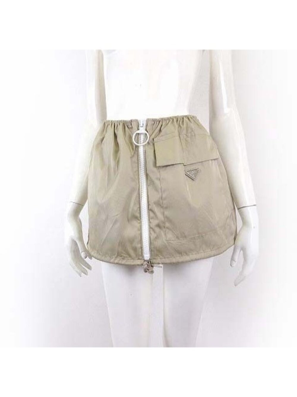 Prada Model Re-Nylon Mini Skirt Triangle Logo Front Zip Light Beige White 40
